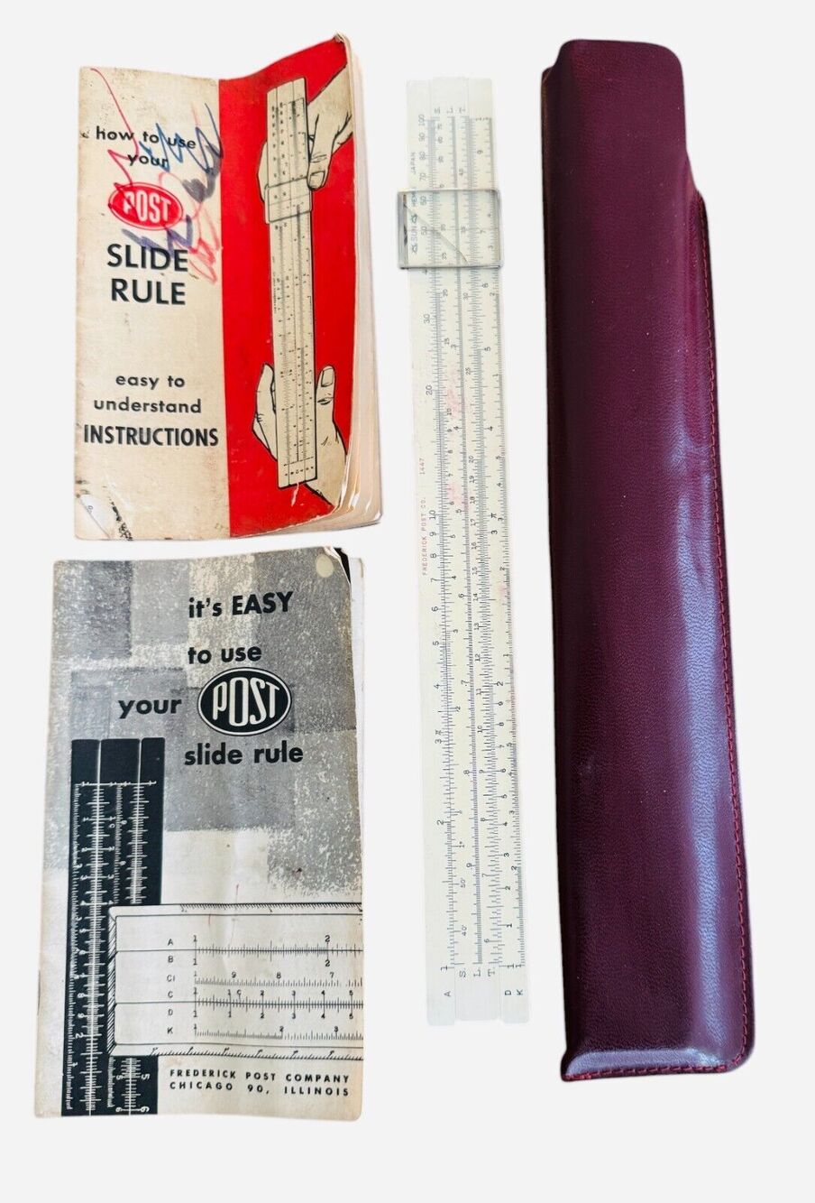 Vintage Frederick Post Company No 1447 Student SLIDE RULE W/ Case /Instructions